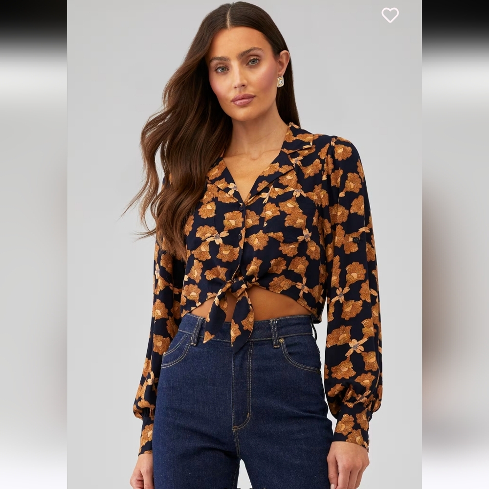 Floral Nour Tie Front Crop Top - Black and Brown, by MINKPINK, SZ M.